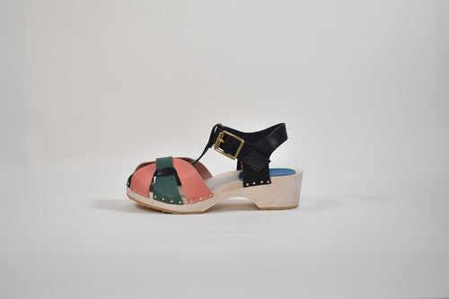 Multicolored sandal with a strap on a light gray background