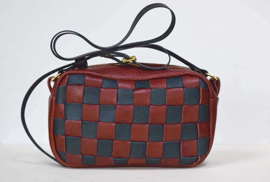 black and brown woven leather shoulder bag made from a DIY kit