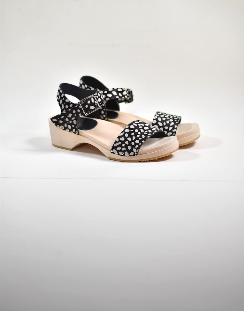 black and white hair leather clog sandals made from a kit