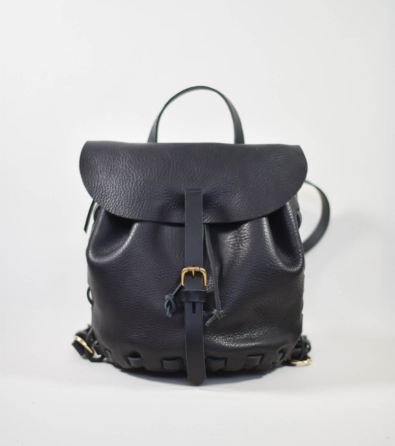 Black leather backpack on a white background