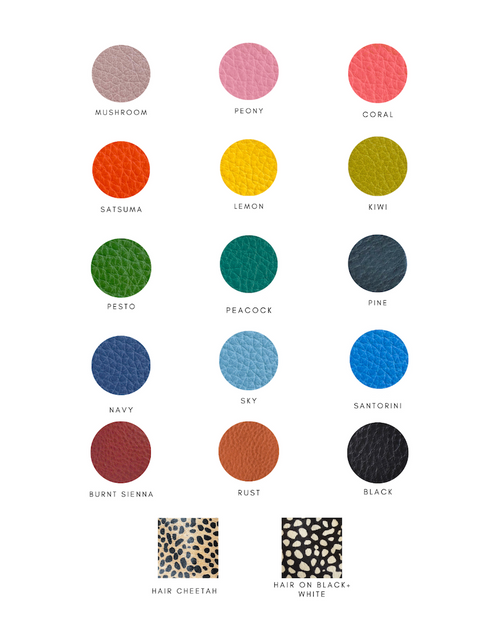 full grain colourful Italian leather swatches on a white background