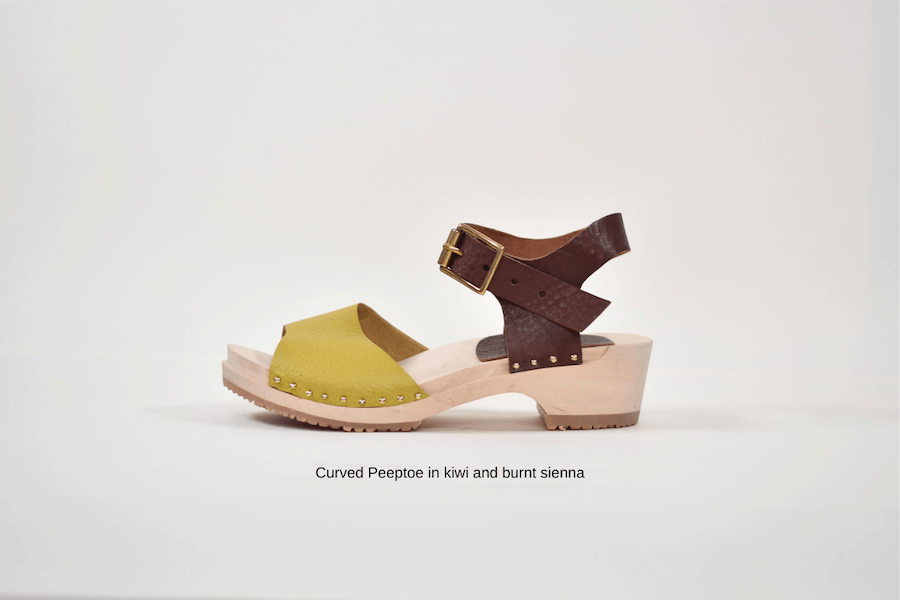 lime and brown sandal with wood sole made from a shoe kit