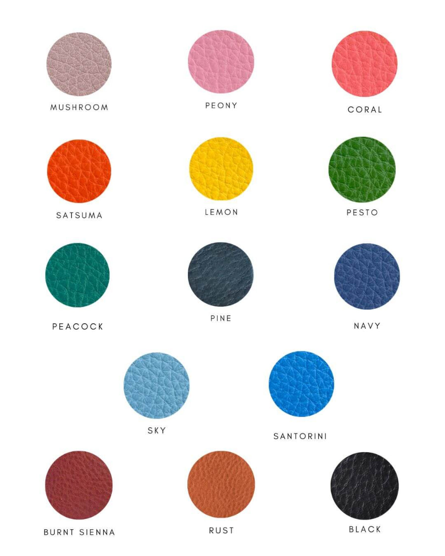 leather colour swatches with names labeled on a white background