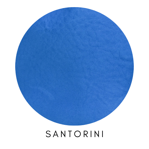 blue leather swatch labeled 'Santorini' on a white background