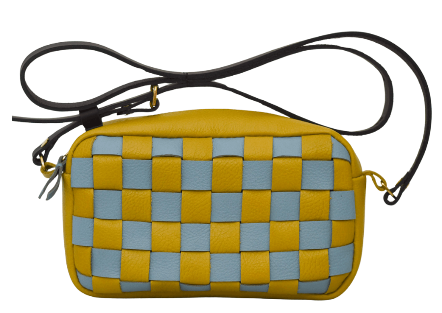 small boxy leather bag with checkerboard blue and lime leather and black strap 