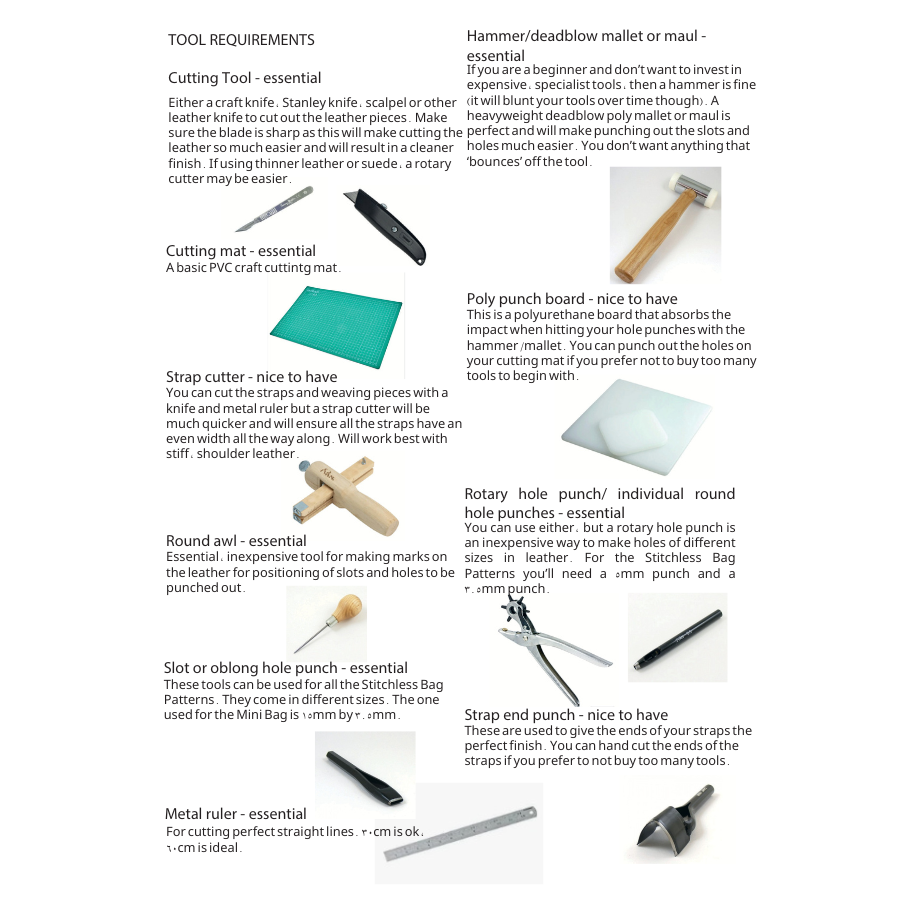 List of tools required for leatherworking with corresponding images.