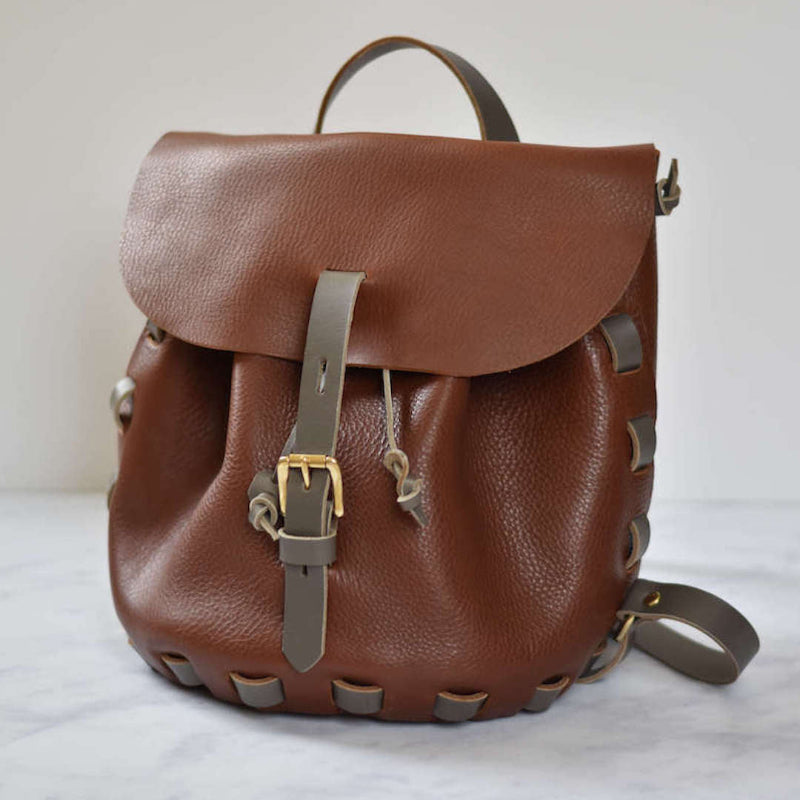 brown leather backpack with grey details on white background