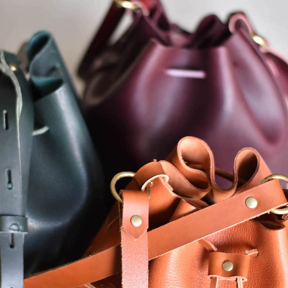 3 leather bucket bag drawstring top close up detail 